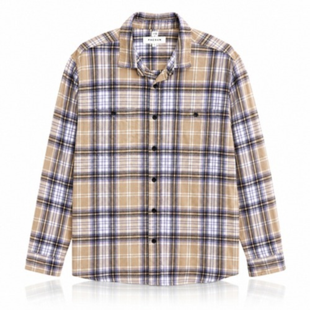PacSun Flannel Shirt Mens Large Beige Plaid Cotton Button Up Pockets